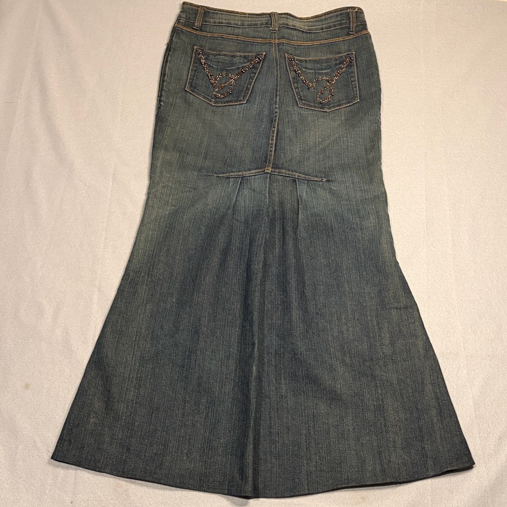 bebe Vintage Y2K Denim Maxi Skirt • Low Rise • Mermaid Fit  waist 31